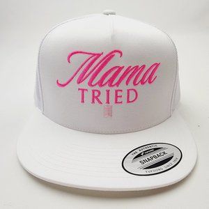 Mama Tried Mesh Snapback Embroidered Flat Bill Trucker Hat Cap White